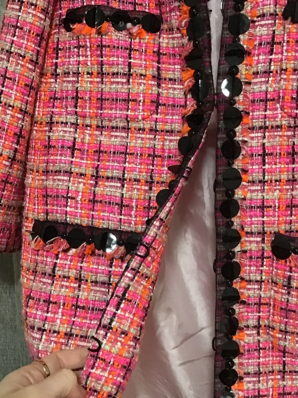 kate spade Pink Multi Tweed Pea Coat with Black Trim